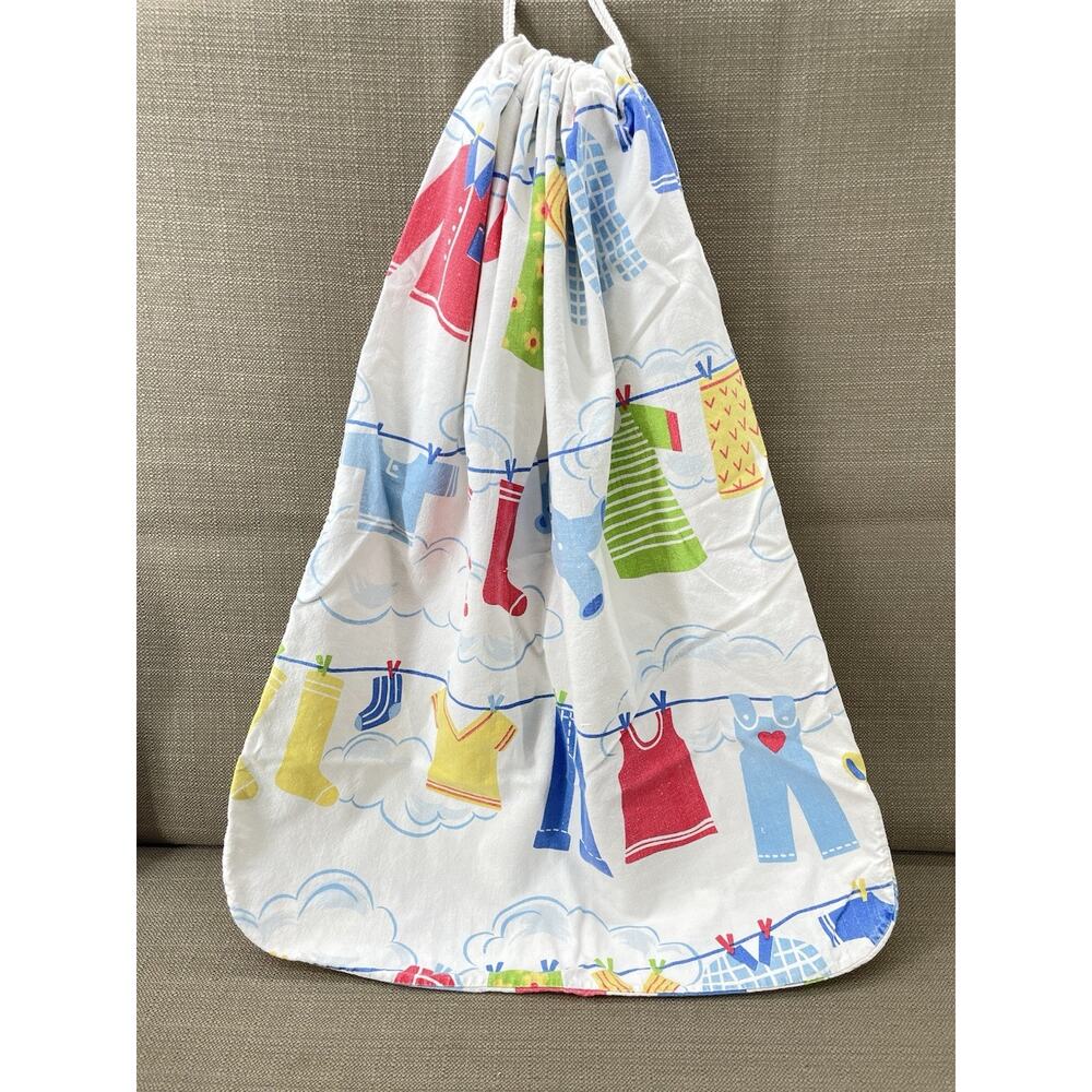 Vintage Clothesline Laundry Bag Drawstring Tote Primary Colors 1970s Decor